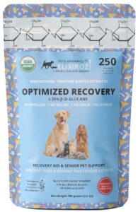 optimized recovery lion's mane & cordyceps >25% & >35% β-glucans 100% mushrooms fruiting bodies extracts blend for dogs & cats. recovery aid, healing & senior pet health formula. 250 servings for 25lb