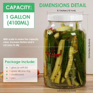 Qianfenie 1 Pack Wide Mouth 1 Gallon Clear Glass Jar w Lid, Heavy Duty 100% Airtight Screw Lid w Silicone Gasket - Mason Jar w 2 Scale Mark for Fermenting Kombucha and Storing Food.