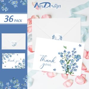 AnyDesign 36 Pack Blue Floral Thank You Cards Bulk Forget-Me-Not Myosotis Sylvatica Flower Greeting Cards with Envelope Sticker Thank You Note Cards for Wedding Birthday Baby Shower Bridal Party