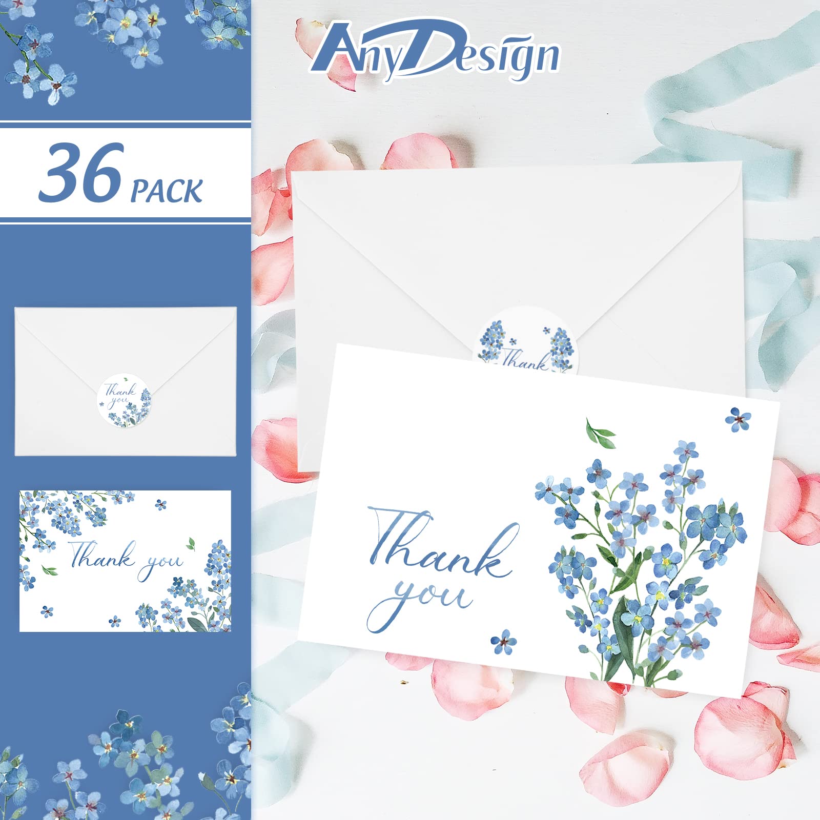 AnyDesign 36 Pack Blue Floral Thank You Cards Bulk Forget-Me-Not Myosotis Sylvatica Flower Greeting Cards with Envelope Sticker Thank You Note Cards for Wedding Birthday Baby Shower Bridal Party