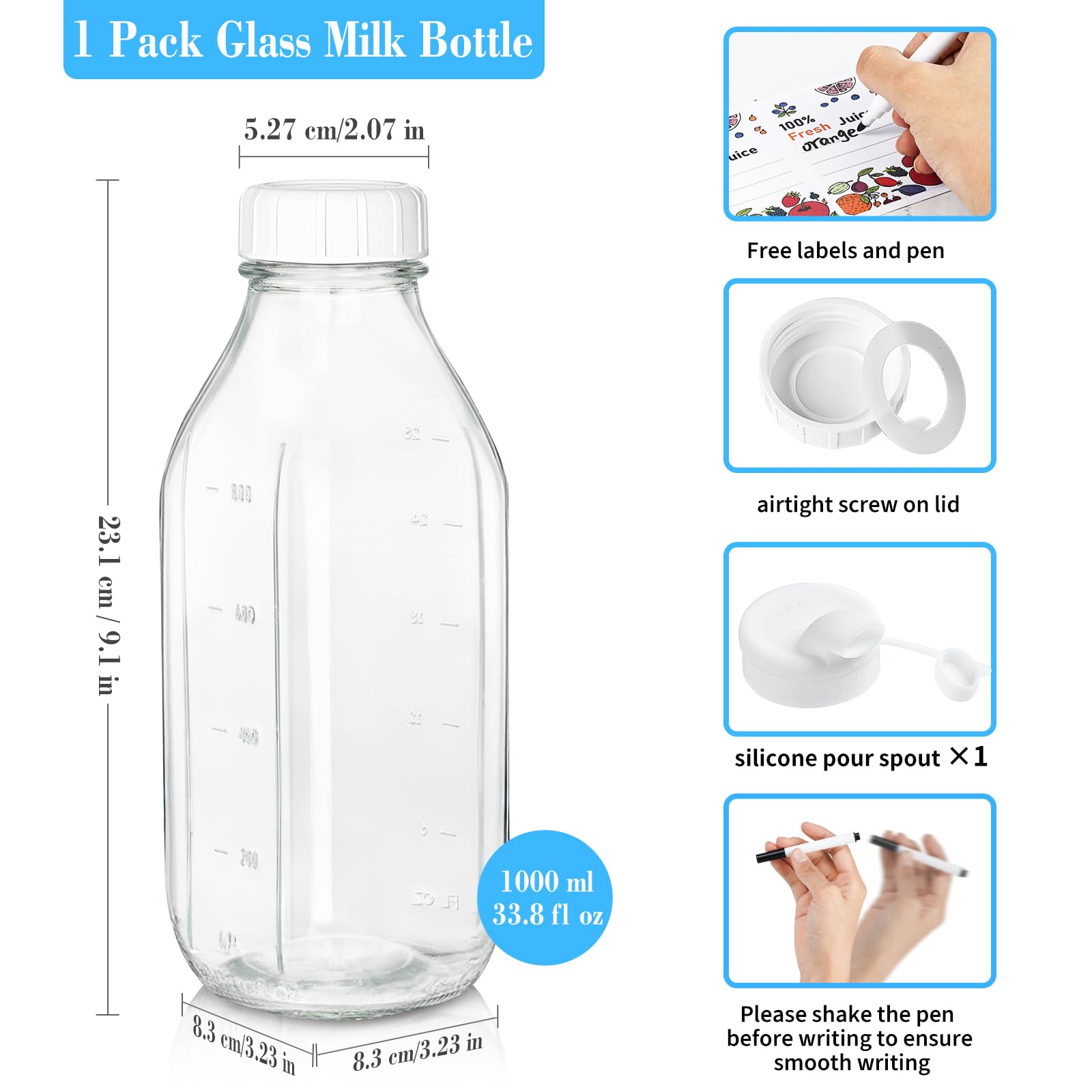 Syntic Square Liter Glass Milk Bottles with Airtight Lid - 100% Airtight Heavy Duty Screw Lid, 32 Oz Glass Juice Bottles w Scale Mark, Reusable Glass Jars for Homemade Juice(Extra 1 Lid and Pen)