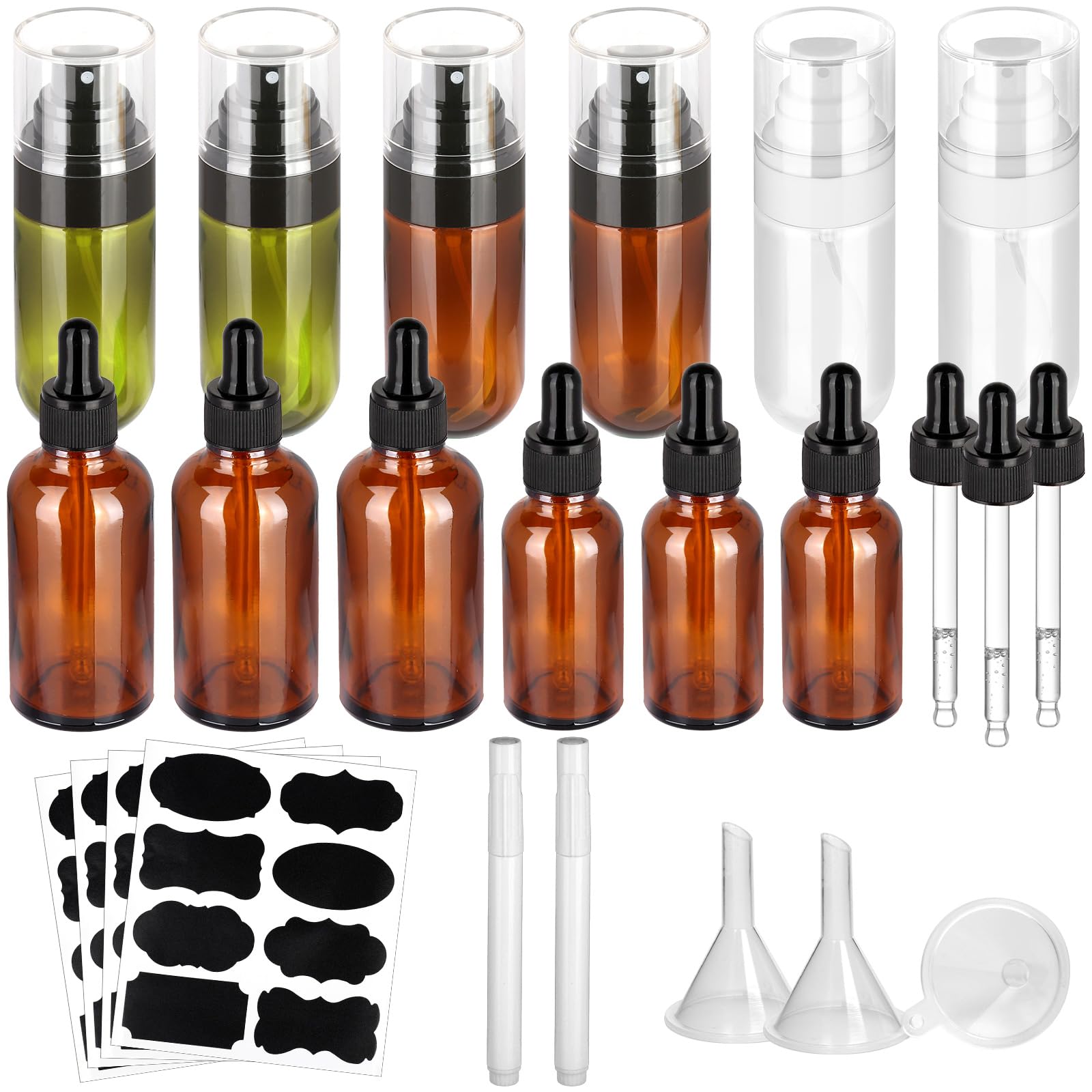 Sublaga Mini Spray Bottle, 24Pcs Spray Bottle & Essential Oil Bottle Kit with Dropper, Funnel, 4 Sheet Stickers, 2 Marker pen