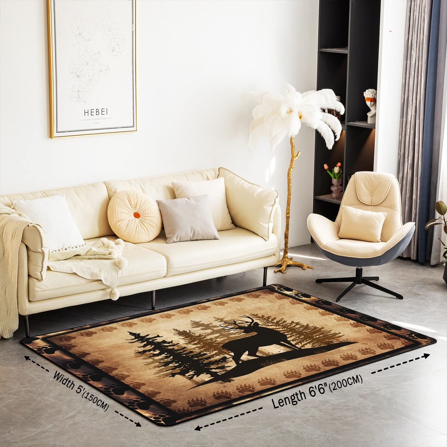 jejeloiu Cute Deer Area Rug 3x5 Girls Boys Kids Deer Hunting Decorative Carpet Room Bear Paw Print Tree Pattern Rugs for Living Room Bedroom Exotic Style Brown Accent Rug