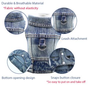 Dog Jeans Jacket Cool Blue Denim Coat for Small Medium Girl Boy Dogs Puppy Clothes Comfort Lapel Harness Vest with D-Ring for Leash