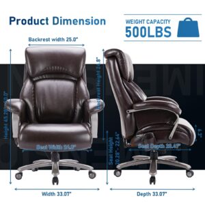 Big and Tall Office Chair 500lbs-Heavy Duty Ergonomic Computer Chair with Extra Wide Seat, High Back Executive Large Desk Chair with Thick Bonded Leather and Tilt Rock, Adjustable Lumbar Support-Brown