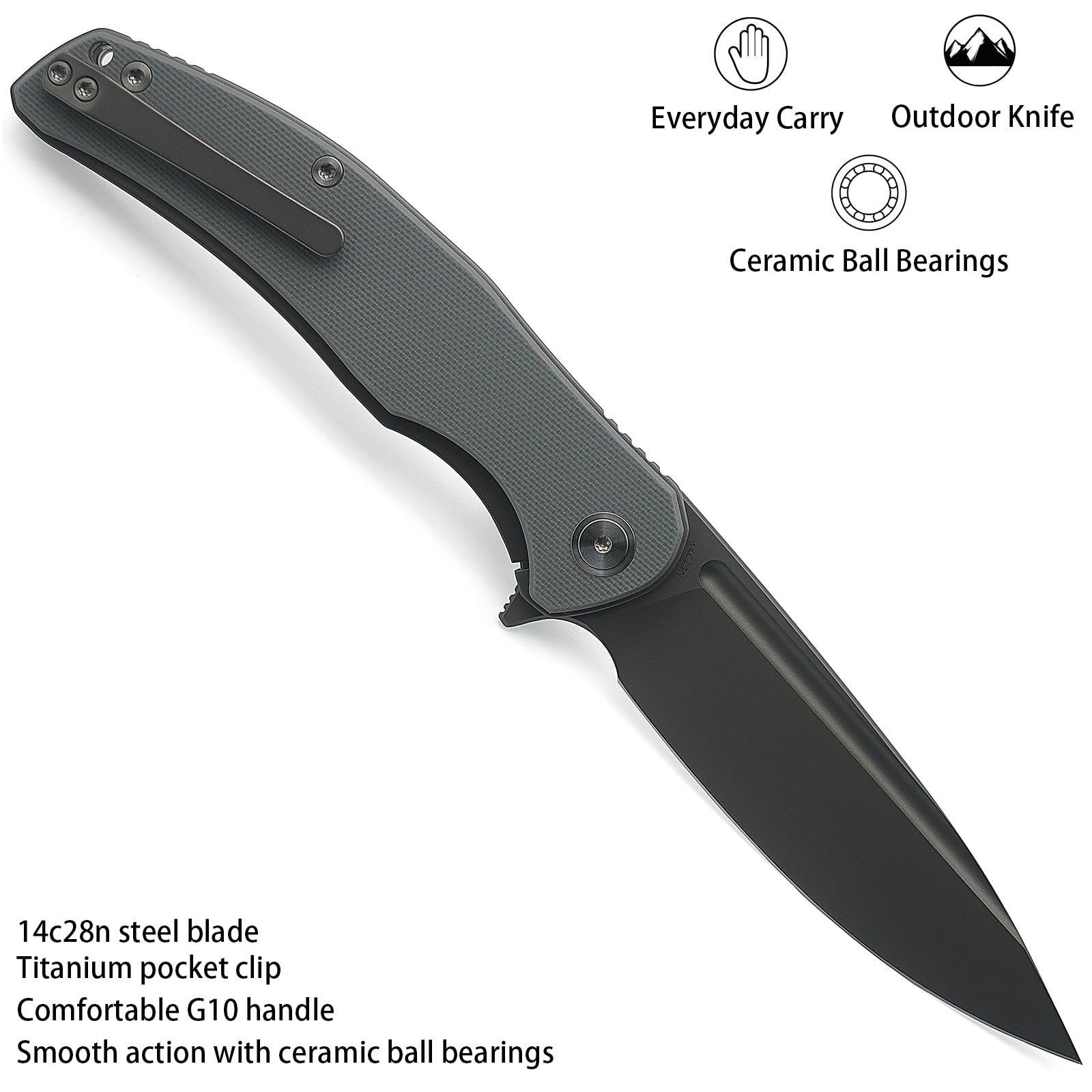 Miguron Knives M Velona Flipper Folding Knife 4.03" Dark Grey PVD 14c28n Blade Grey G10 Handle With Titanium Pocket Clip Camping Hiking Pocket Knife MGR-8003DGII