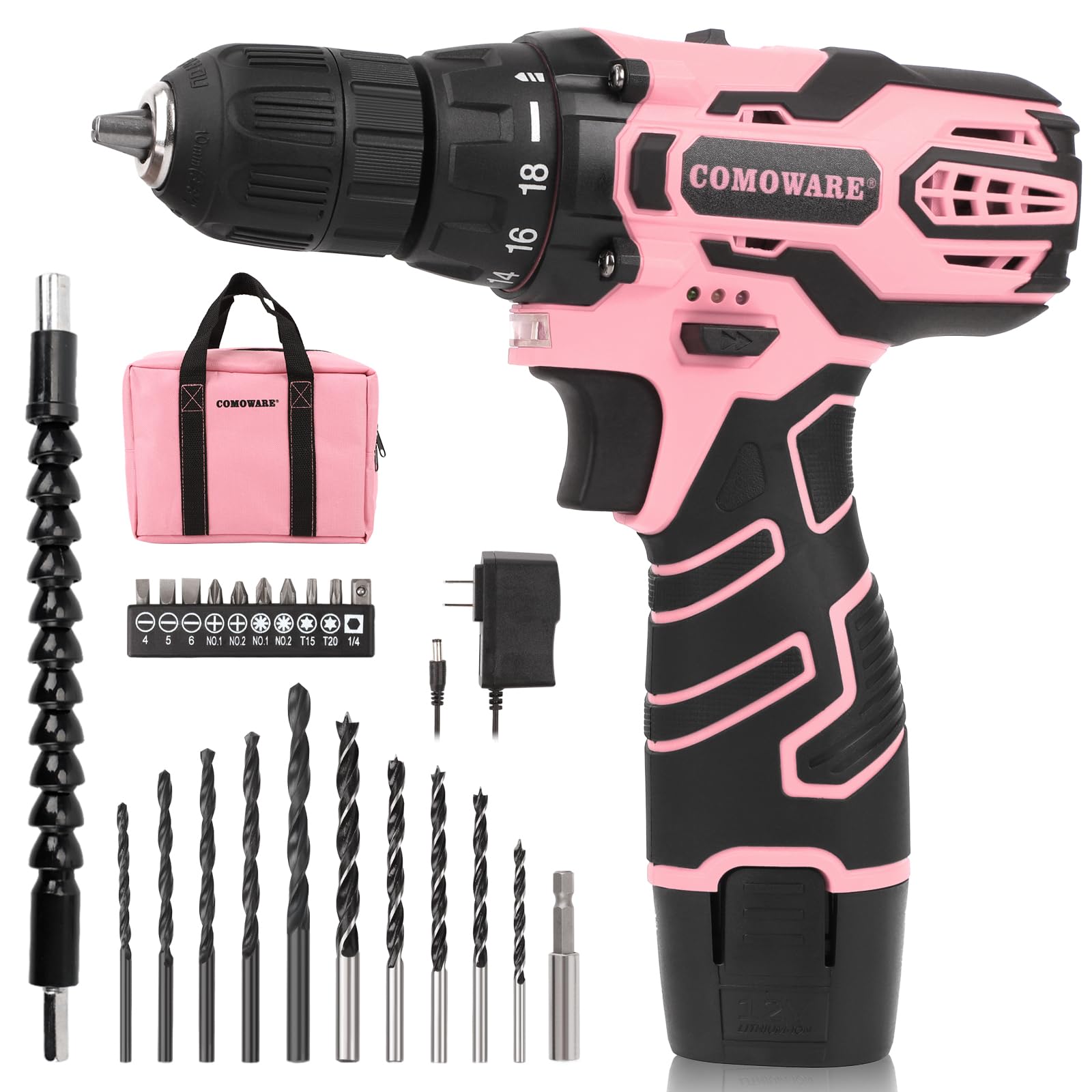 COMOWARE Pink Cordless Drill Set, 12V Power Drill Set Electric Screwdriver Driver Tool Kit for Women, 3/8" Keyless Chuck 1 Battery & Charger with Storage bag