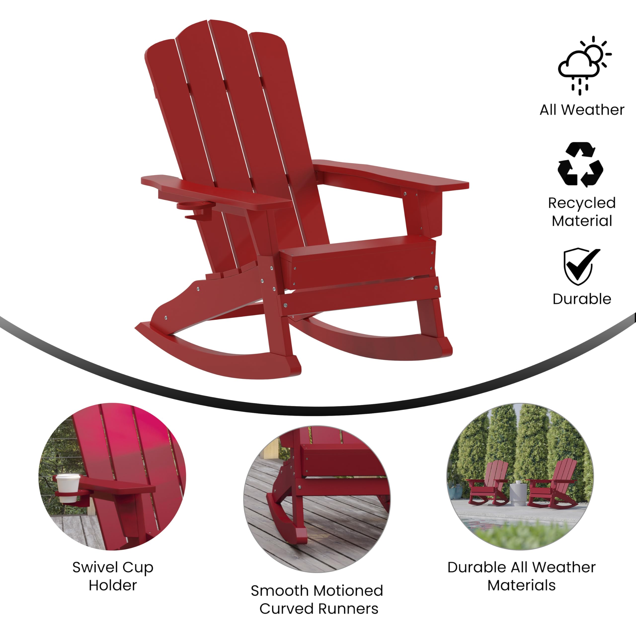 Flash Furniture Newport Adirondack Rocking Chair with Cup Holder, Weather Resistant Poly Resin Adirondack Rocking Chair, Red