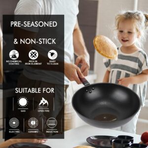 Carbon Steel Wok Pan - 12.9" Wok Pan with Lid, Woks & Stir-fry Pans Nonstick with Spatula & Brush, Chinese Wok Flat Bottom Wok for Induction, Electric, Gas, All Stoves