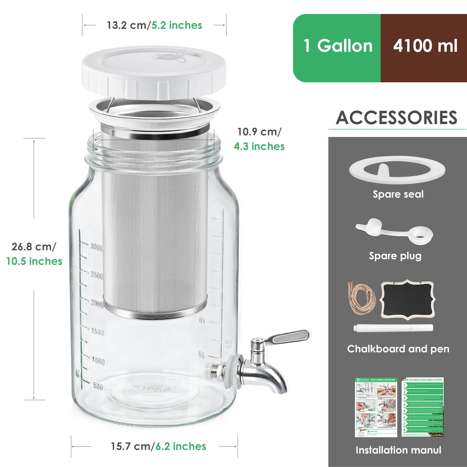 Qianfenie 1 Gallon Cold Brew Coffee Maker - Mesh Filter - Stainless Steel Spigot - Wide Mouth Beverage Dispenser w 100% Airtight Screw Lid - Glass Cold Brew Drink Dispenser with Capacity Mark