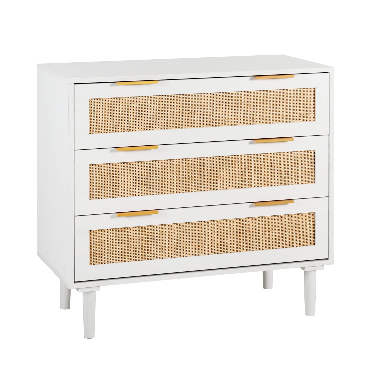 HOPUBUY 3 Drawer Dresser for Bedroom, Rattan Dresser Modern Closet Dressers Chest of Drawers, Wood White 3 Drawer Storage Chest for Kids Bedroom, Hallway, Living Room