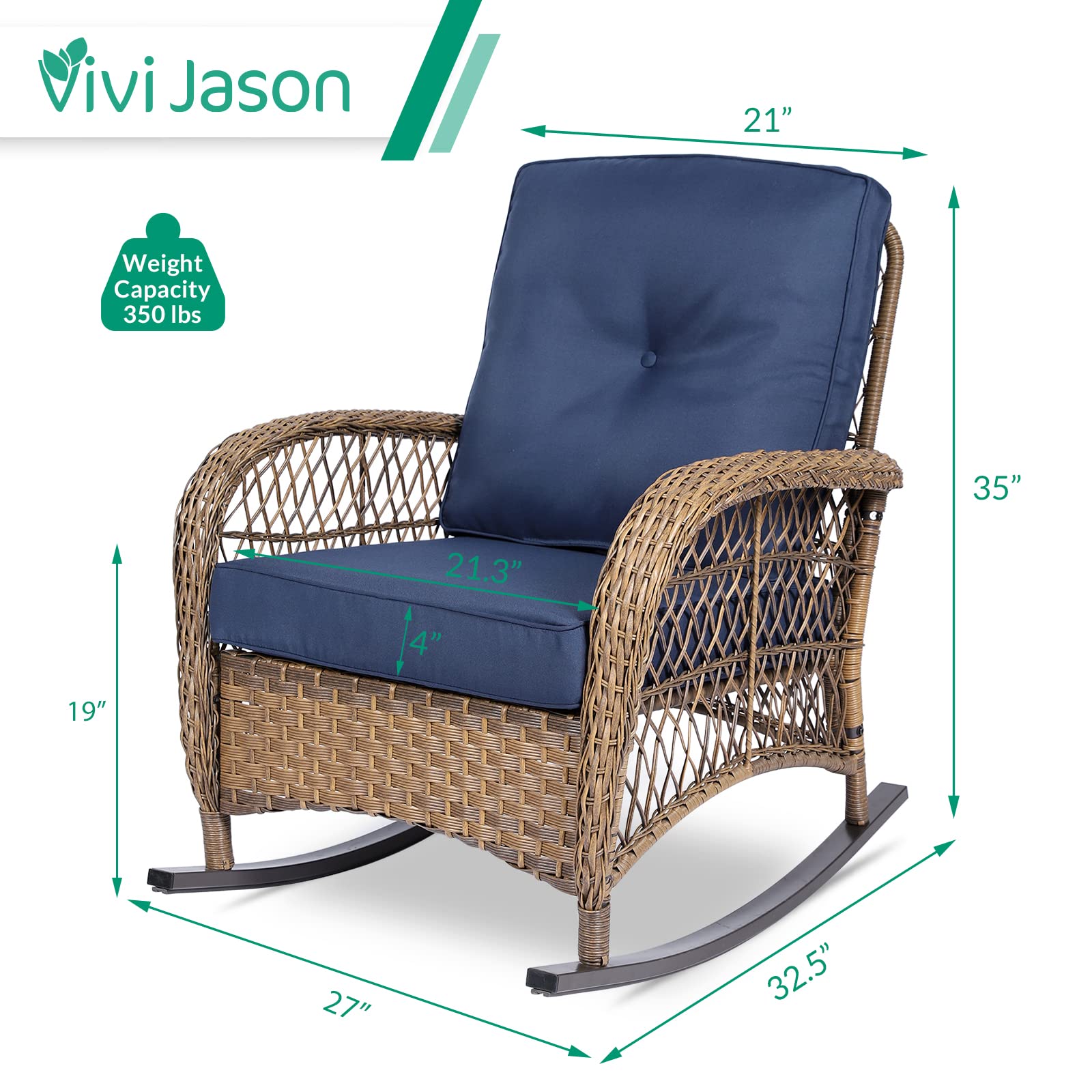 VIVIJASON 2 Piece Patio Wicker Rattan Rocker Chair, Outdoor Rattan Rocker Chair with Cushions & Steel Frame, All-Weather Rocking Lawn Wicker Furniture for Garden Backyard Porch (Navy Blue)