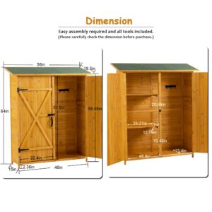 56”L Outdoor Storage Cabinet, Wood Garden Shed, Outside Tool Shed, Vertical Organizer Cabinet with Double Lockable Doors Tool Storage Box for Outside, Garden Backyard Patio Yard Waterproof Roof