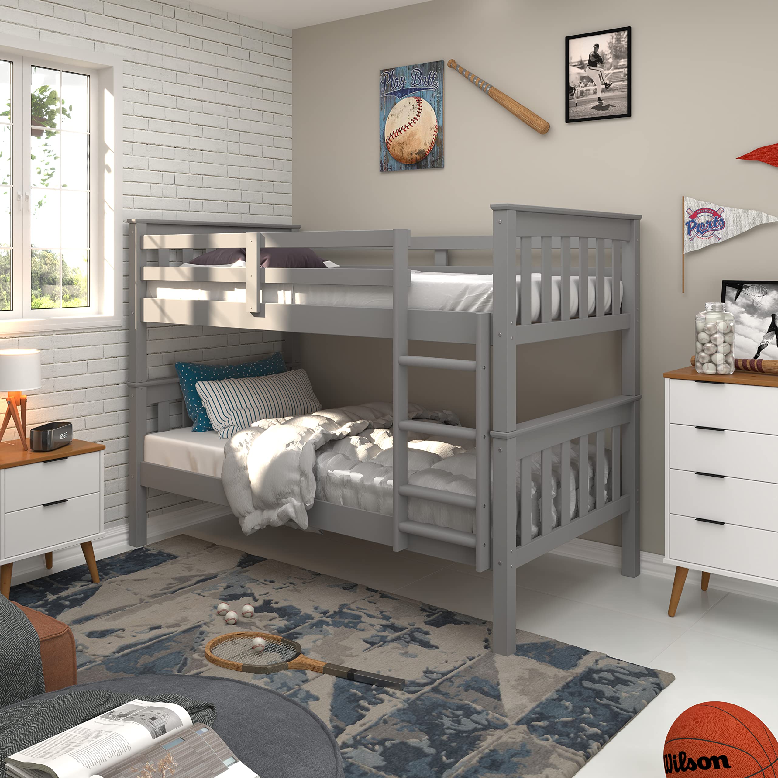 Bunk Bed Solid Wood Sturdy Twin Over Twin with Ladder and Safety Rail Grey - Kids' Twin Loft Bunk Bed with Headboard - by from The Tree Furniture