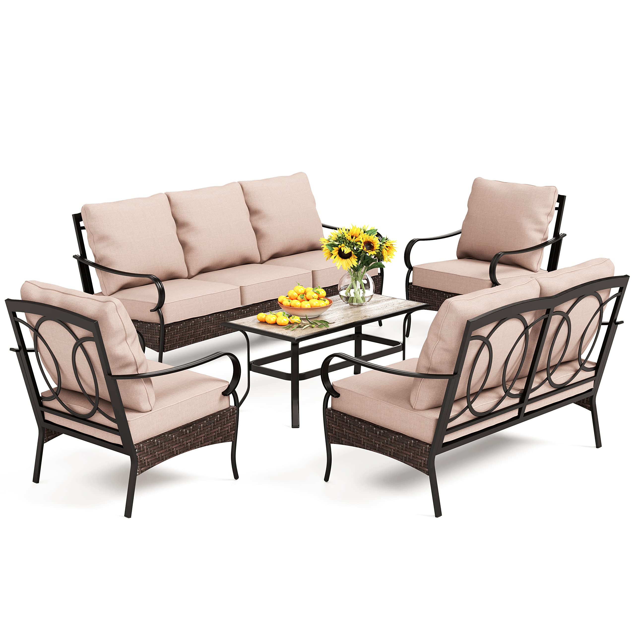 PHI VILLA Patio Furniture Set, 5 Pieces Outdoor Metal Wicker Conversation Sofa Set for Backyard w/Coffee Table, Seat Cushions