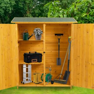 56”l outdoor storage cabinet, wood garden shed, outside tool shed, vertical organizer cabinet with double lockable doors tool storage box for outside, garden backyard patio yard waterproof roof