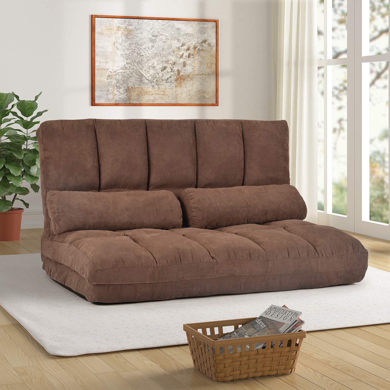 Merax Floor Sofa, Foldable Lazy Sofa Sleeper Bed with 2 Pillows, Adjustable Lounge Sofa Gaming Sofa Floor Couches 5-Position for Bedroom, Living Room, and Balcony, Brown