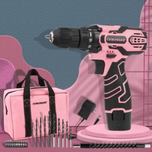 COMOWARE Pink Cordless Drill Set, 12V Power Drill Set Electric Screwdriver Driver Tool Kit for Women, 3/8" Keyless Chuck 1 Battery & Charger with Storage bag