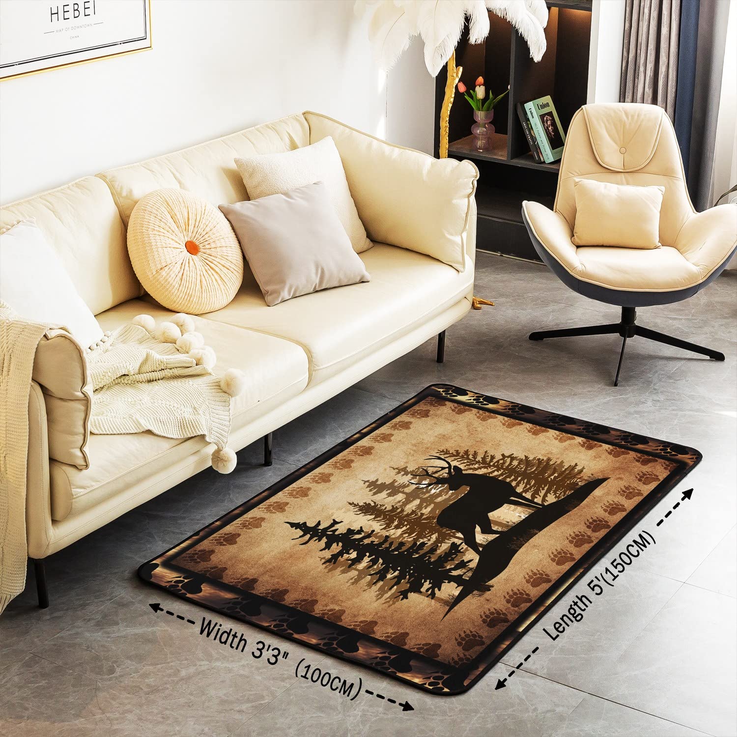 jejeloiu Cute Deer Area Rug 3x5 Girls Boys Kids Deer Hunting Decorative Carpet Room Bear Paw Print Tree Pattern Rugs for Living Room Bedroom Exotic Style Brown Accent Rug