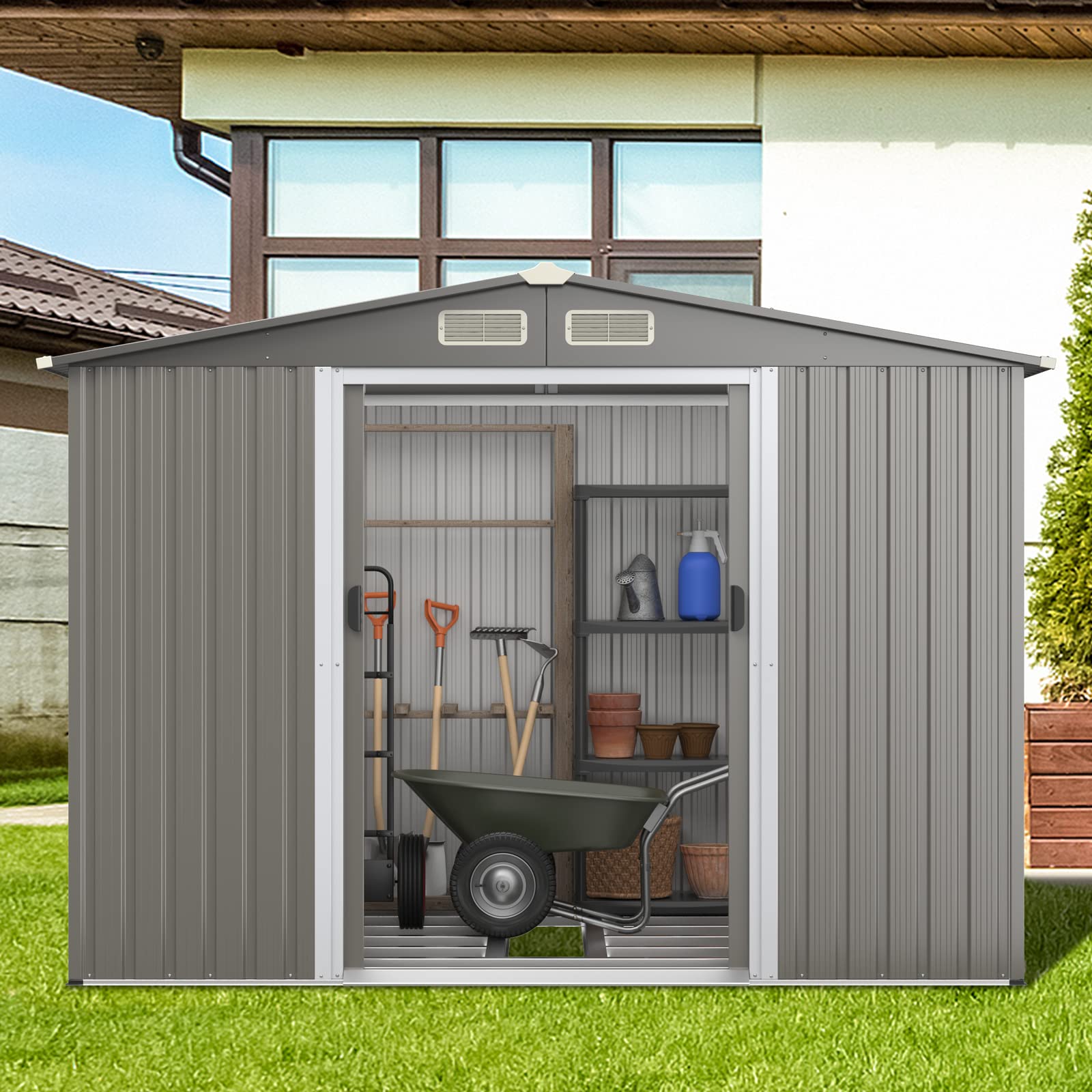 IRONMAX Outdoor Storage Shed with Floor, 8x6 FT Galvanized Steel Large Garden Shed w/Lockable Sliding Doors & Air Vent, Heavy Duty Tool Storage House for Backyard Patio Lawn