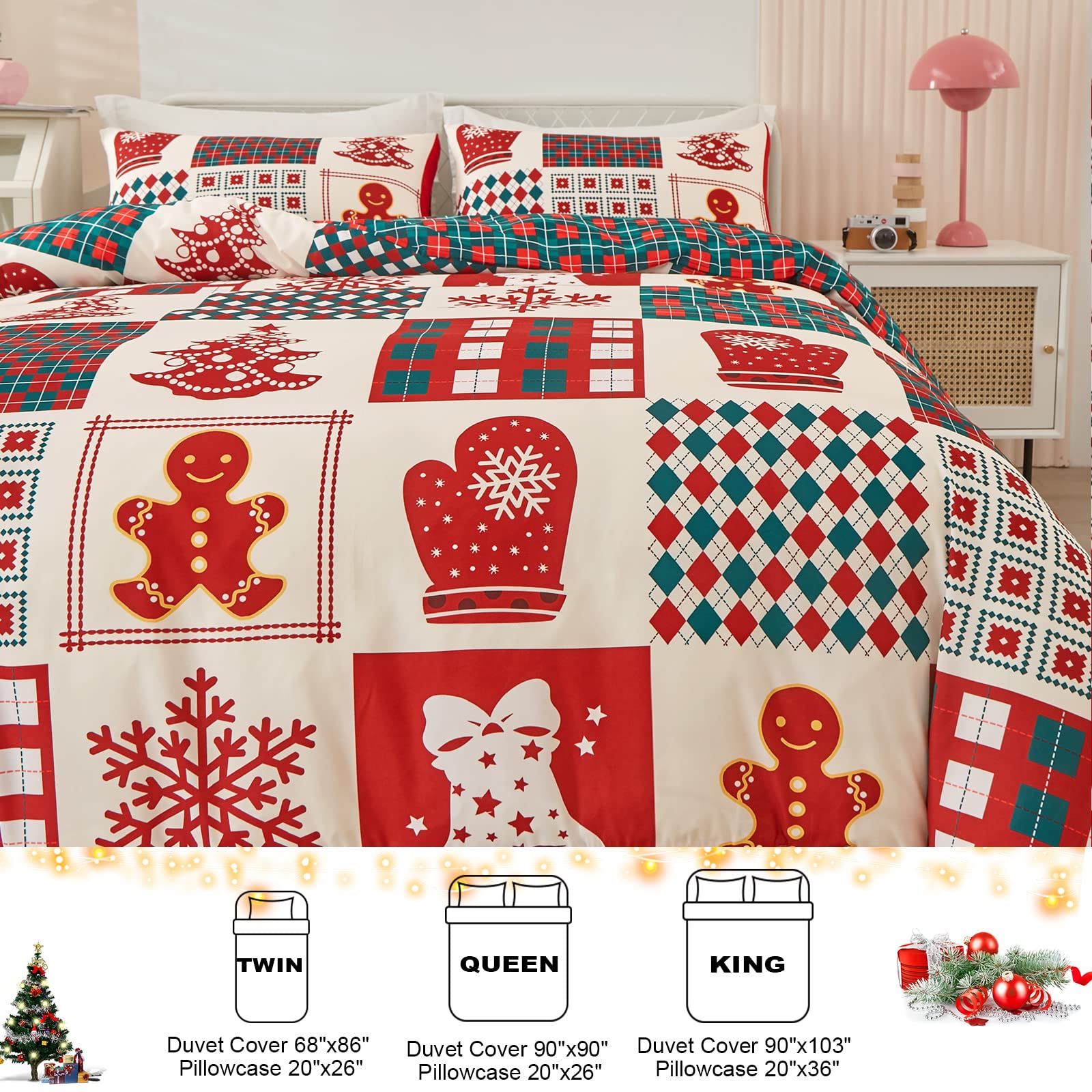 Dobuyly Christmas Duvet Cover Set Twin Cute Christmas Tree Snowflake Bell Pattern Patchwork Bedding Set for Kids Teens Reversible Red Green Plaid Xmas Comforter Cover with 1 Pillowcase