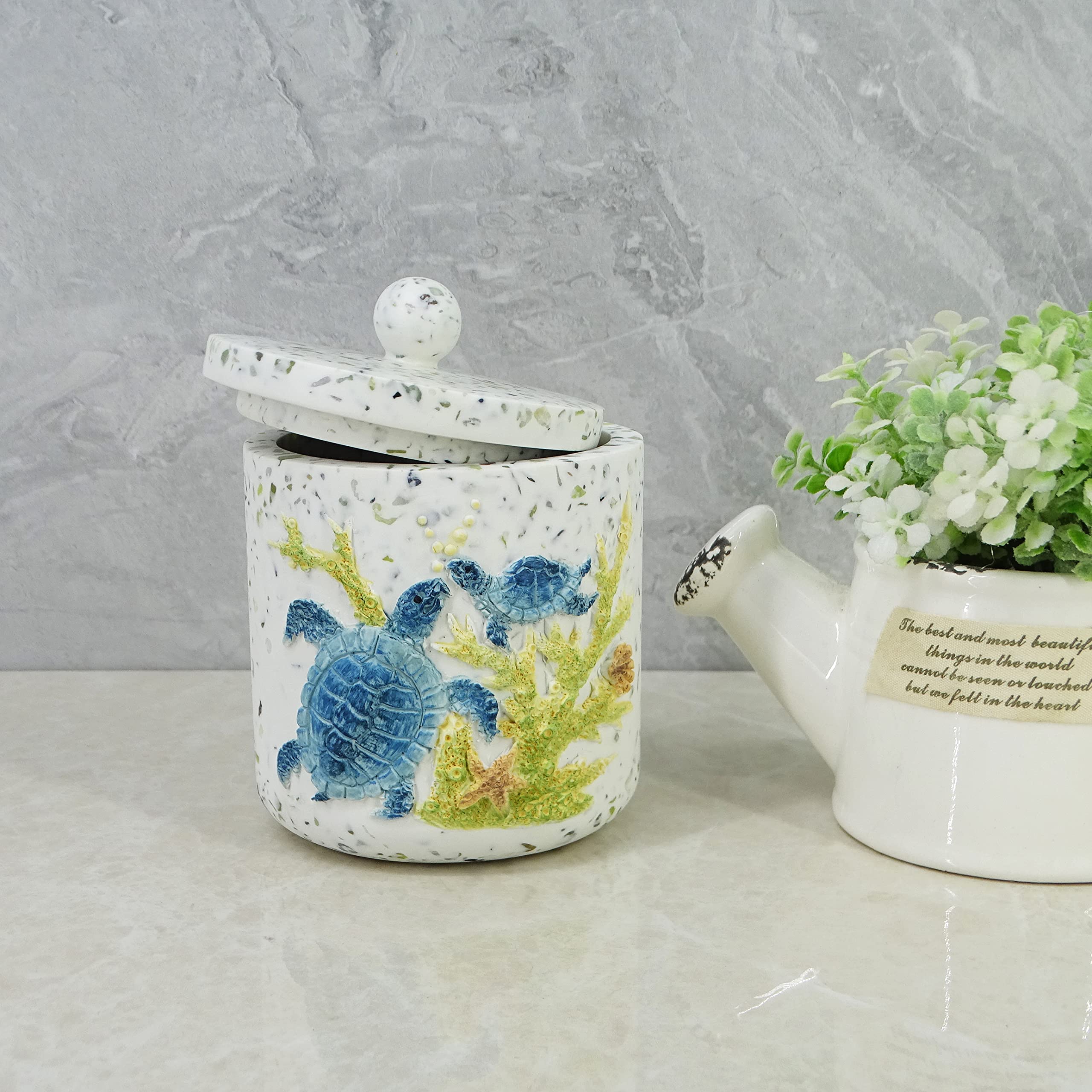 BATH 77SHANCO Resin sea turtles terrazzo cotton swab box, resin cotton ball jar with lid, cosmetic countertop organizer, cotton pad container