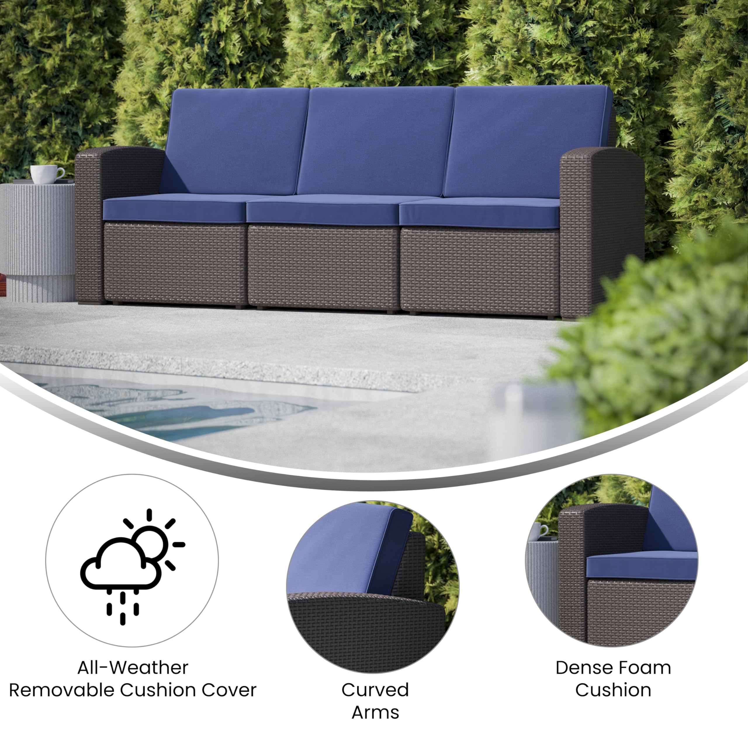 Flash Furniture Seneca Chocolate Brown Faux Rattan Sofa with All-Weather Navy Cushions