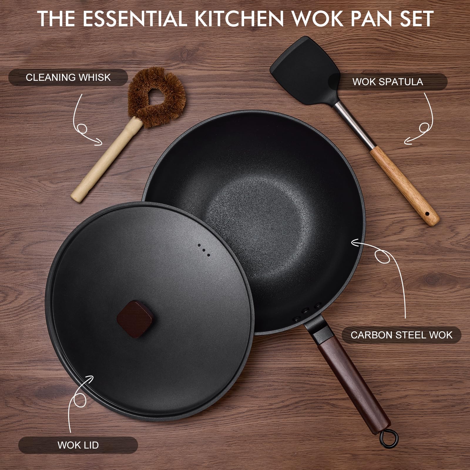 Carbon Steel Wok Pan - 12.9" Wok Pan with Lid, Woks & Stir-fry Pans Nonstick with Spatula & Brush, Chinese Wok Flat Bottom Wok for Induction, Electric, Gas, All Stoves