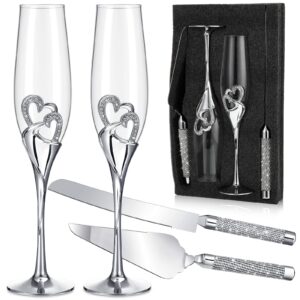 zhehao wedding champagne flutes and cake knife server set toasting glasses toasting champagne flutes with rhinestone rimmed hearts decoration couple cake cutting set for wedding anniversary (silver)