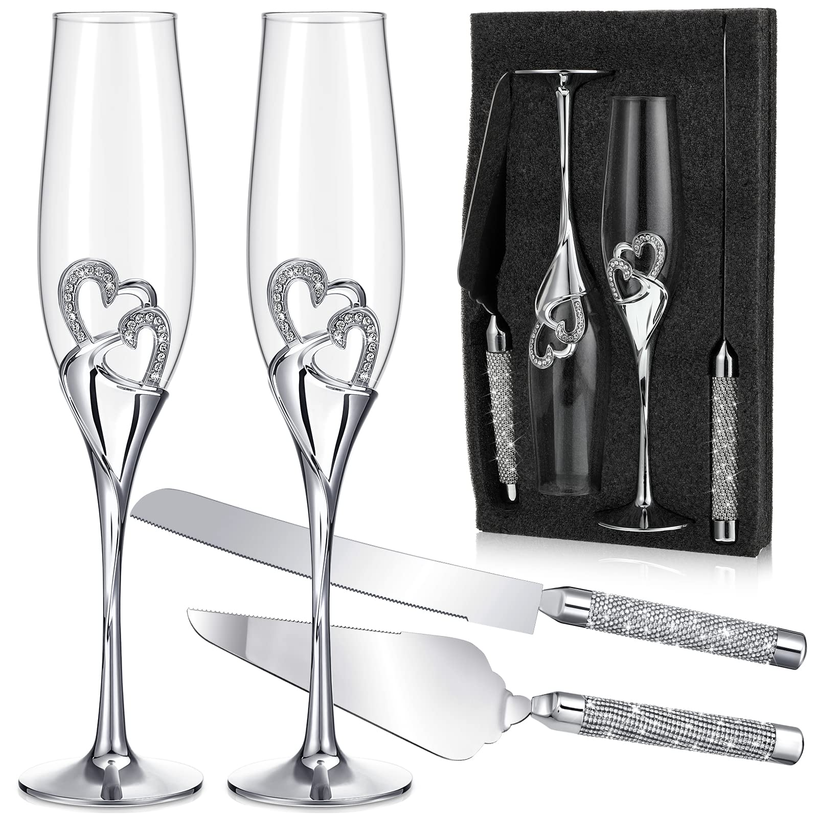 Zhehao Wedding Champagne Flutes and Cake Knife Server Set Toasting Glasses Toasting Champagne Flutes with Rhinestone Rimmed Hearts Decoration Couple Cake Cutting Set for Wedding Anniversary (Silver)