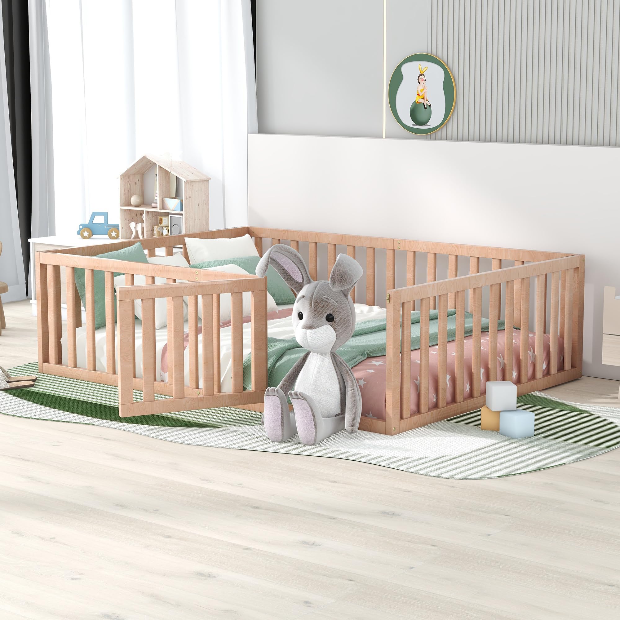 Harper & Bright Designs Floor Bed with Rails, Full Size Wood Floor Bed Frame with Fence and Door, for Kids Girls Boys (Natural)