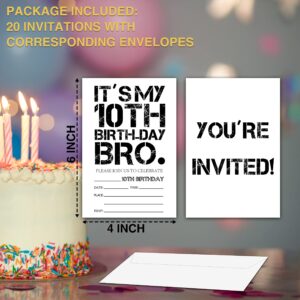 YQV It's My 10th Birthday Bro Invitations Cards, 4"x 6" Birthday Party Invites with Envelopes for Party Decorations Supplies(20 Pieces) -D23