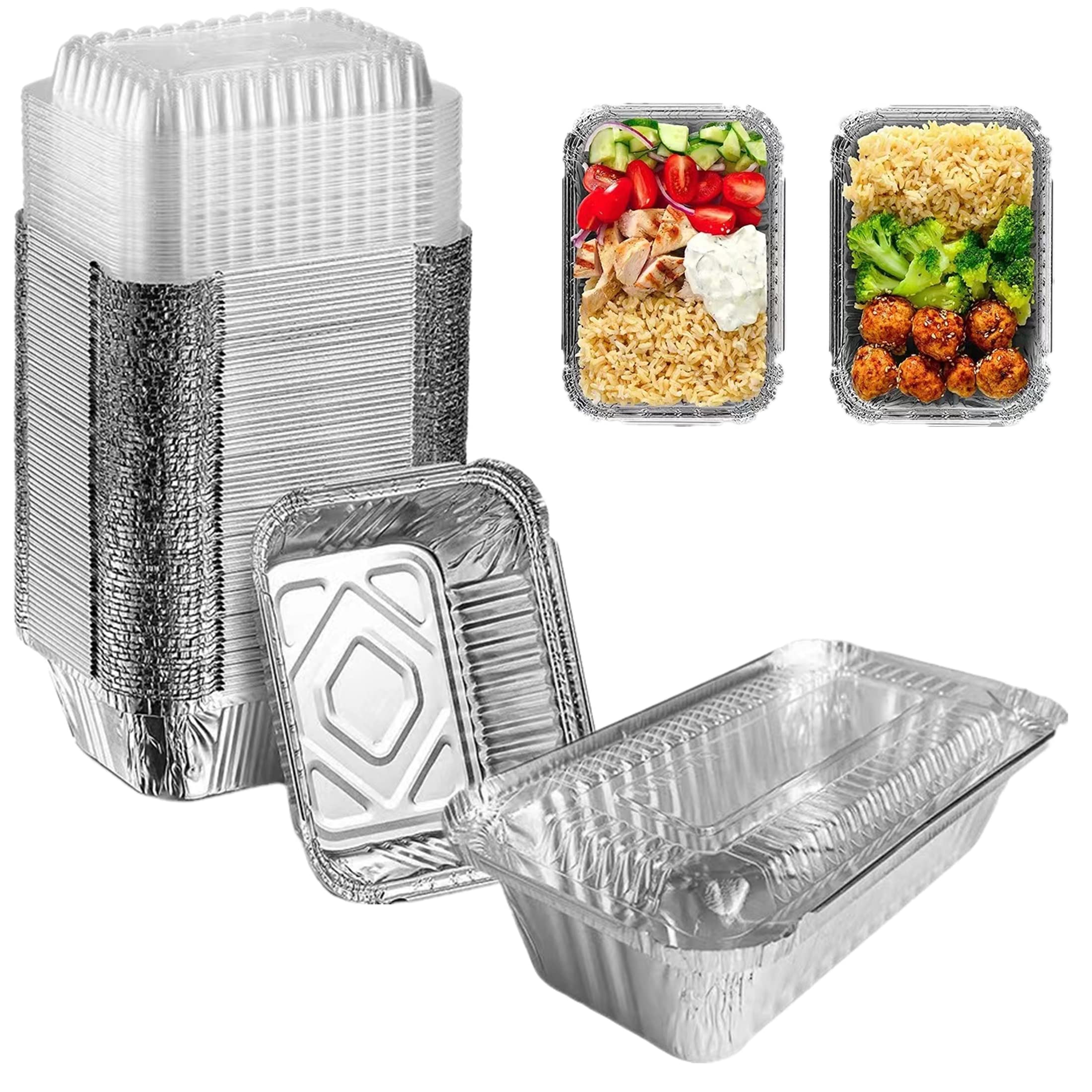 LUCKMETA 1 Lb Small Aluminum Foil Pans with Clear Lids (50 Pack), Disposable Cookware, Takeout Trays, Food Containers for Restaurants & Catering, Recyclable