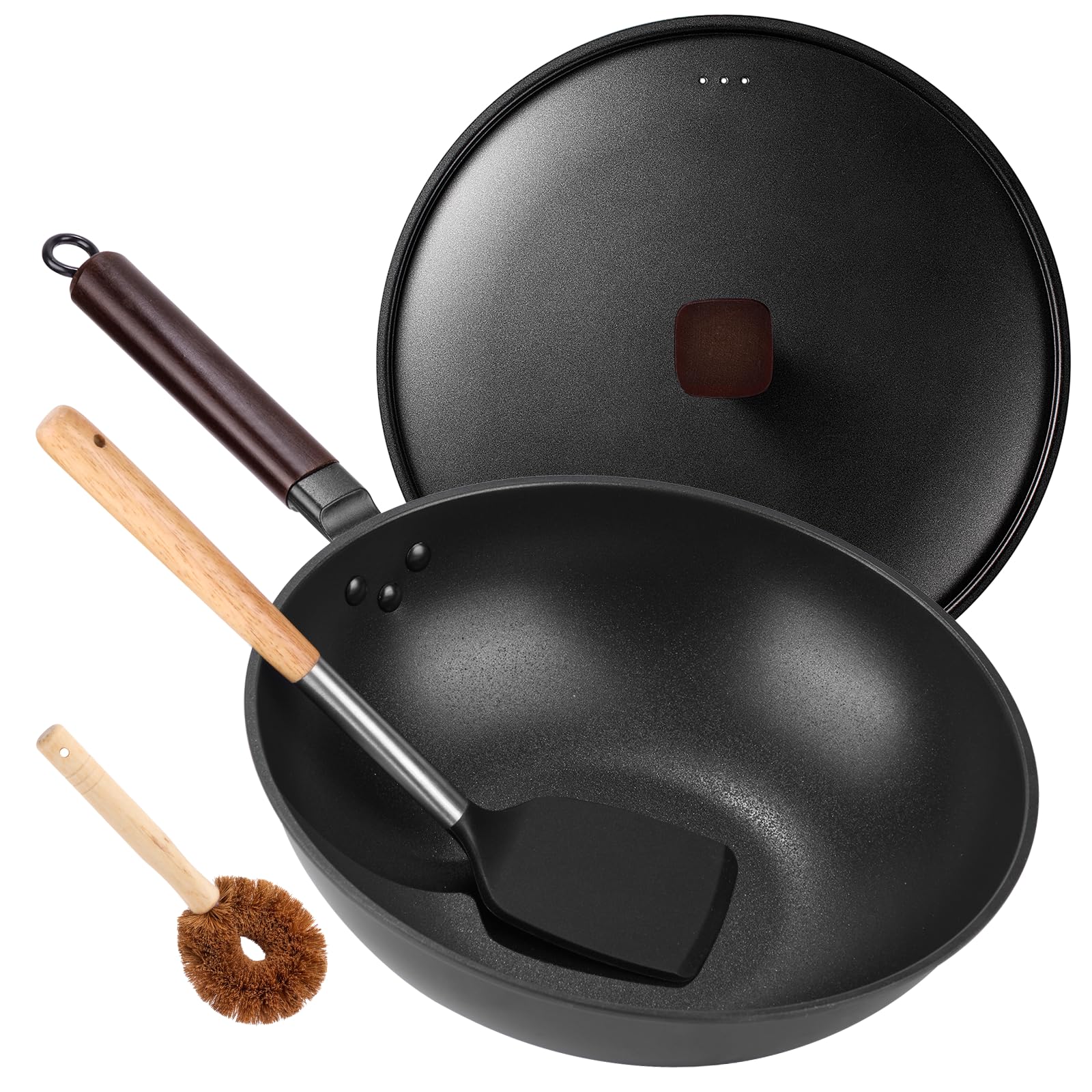 Carbon Steel Wok Pan - 12.9" Wok Pan with Lid, Woks & Stir-fry Pans Nonstick with Spatula & Brush, Chinese Wok Flat Bottom Wok for Induction, Electric, Gas, All Stoves