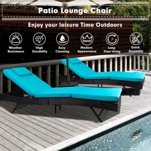 SUNCROWN 2-Piece Outdoor Chaise Lounge Patio Lounge Chair Sets - Black Wicker Adjustable Back Reclining Chair with Cushion for Poolside, Garden, Backyard - Blue