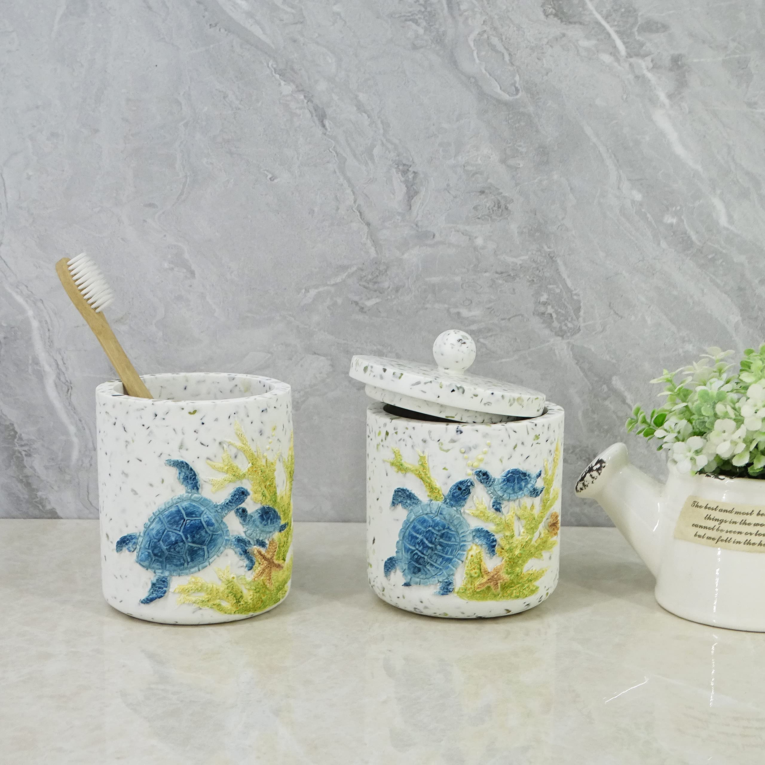 BATH 77SHANCO Resin sea turtles terrazzo cotton swab box, resin cotton ball jar with lid, cosmetic countertop organizer, cotton pad container