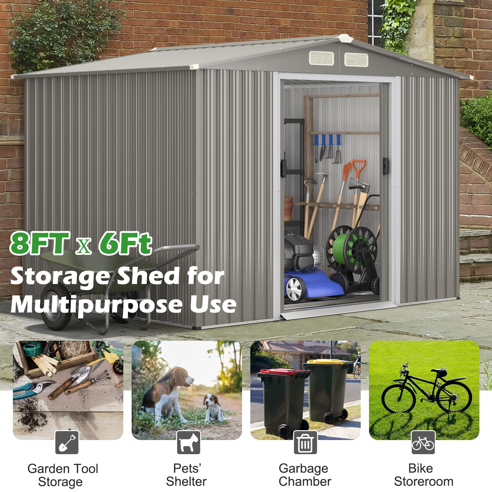 IRONMAX Outdoor Storage Shed with Floor, 8x6 FT Galvanized Steel Large Garden Shed w/Lockable Sliding Doors & Air Vent, Heavy Duty Tool Storage House for Backyard Patio Lawn