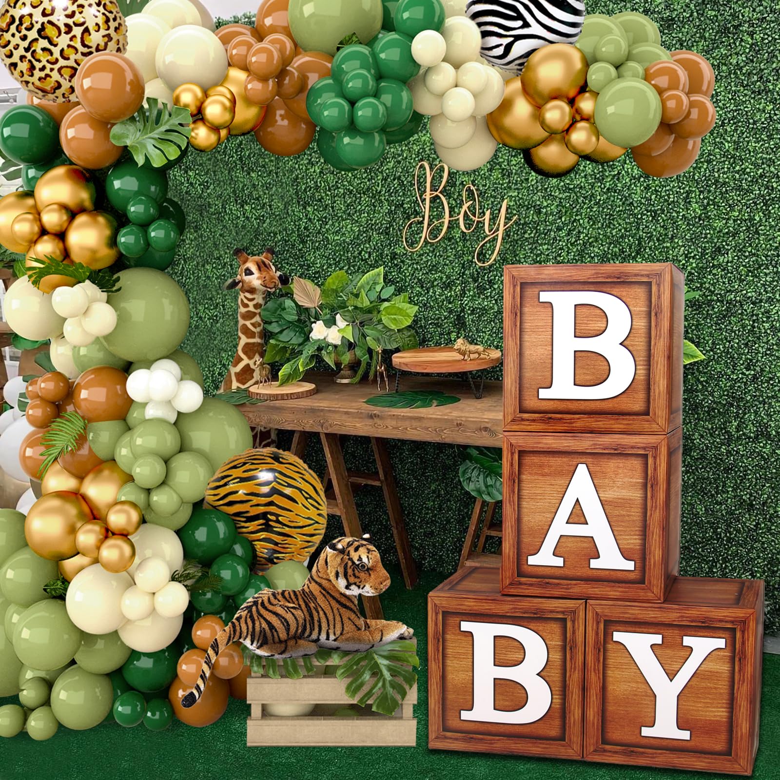 Baby Boxes Safari Baby Shower Decorations for Boy Girl, Safari Balloons Arch Kit with Wood Grain Brown Blocks with BABY Letter for Dinosaur Wild One Birthday Decorations for Boys