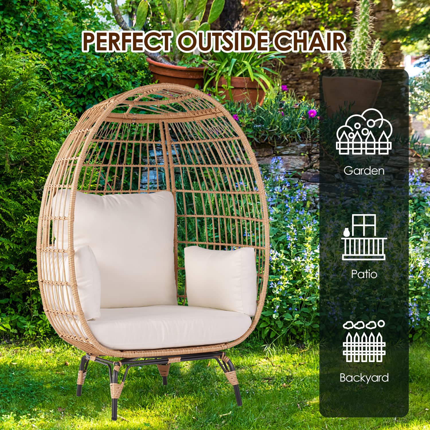 OTSUN Oversized Wicker Egg Chair: Outdoor Indoor Lounger with 4 Cushions, 440lb Capacity, Egg Basket Chair for Living Room, Backyard, Balcony, Patio, Beige