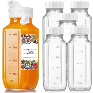 6 pack 16 oz glass juice bottles w pour spout, 100% airtight heavy duty screw lid- reusable glass milk bottles w capacity mark, square drinking jar juice container(extra 2 lid)