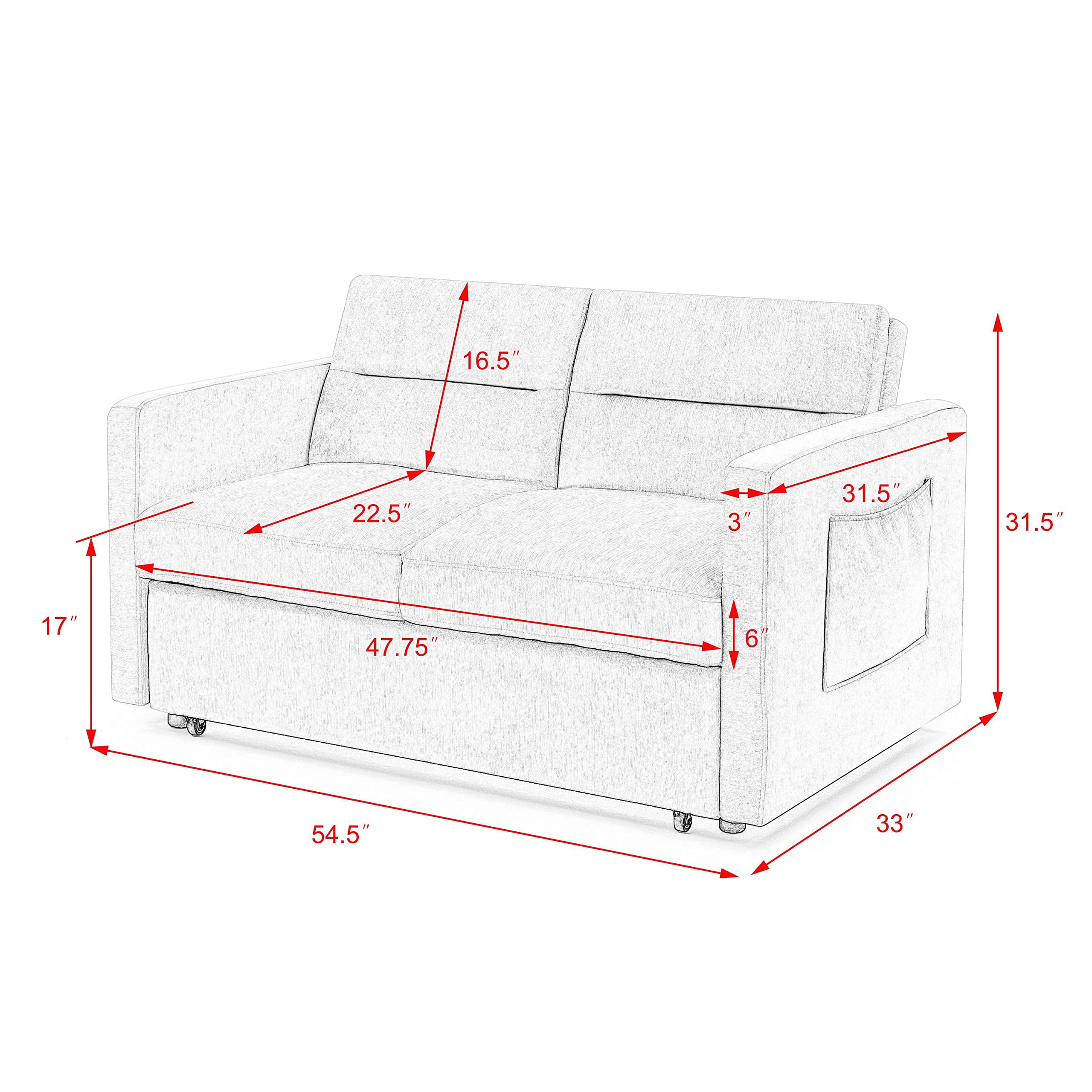 Merax 54.5" Loveseat with Pull Out Bed, 3 in 1 Convertible Chenille Sleeper Sofa Bed with Adjustable Backrest & 2 Arm Pocket for Living Room or Apartments, Beige