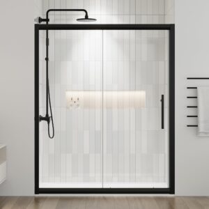 DELAVIN 60.in W x 72.in Semi-Frameles Black Shower Door with Clear Tempered Glass and Easy Roller System, Sliding Shower Door with Water Seal Strips, Glass Shower Door with Explosion-Proof Film