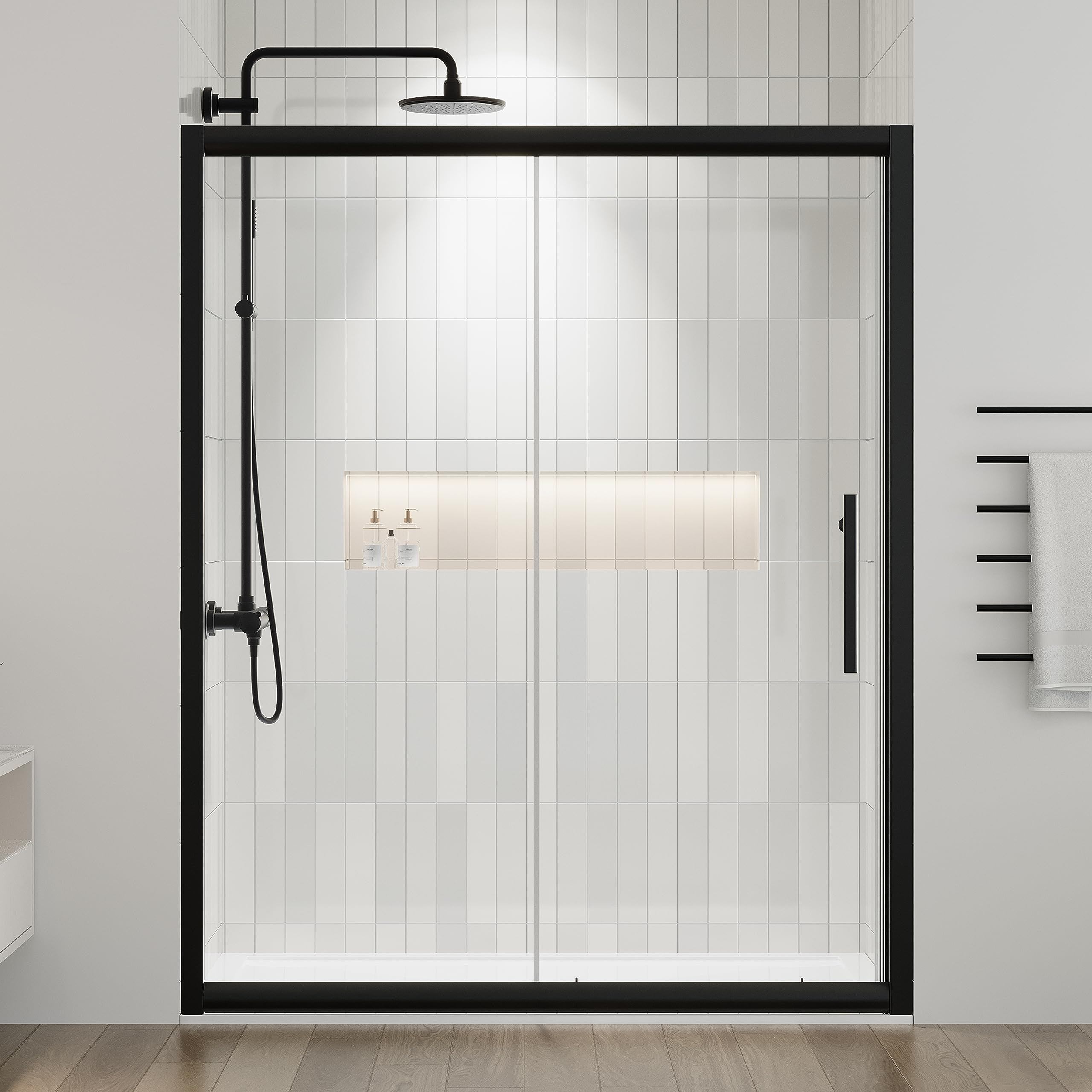 DELAVIN 60.in W x 72.in Semi-Frameles Black Shower Door with Clear Tempered Glass and Easy Roller System, Sliding Shower Door with Water Seal Strips, Glass Shower Door with Explosion-Proof Film