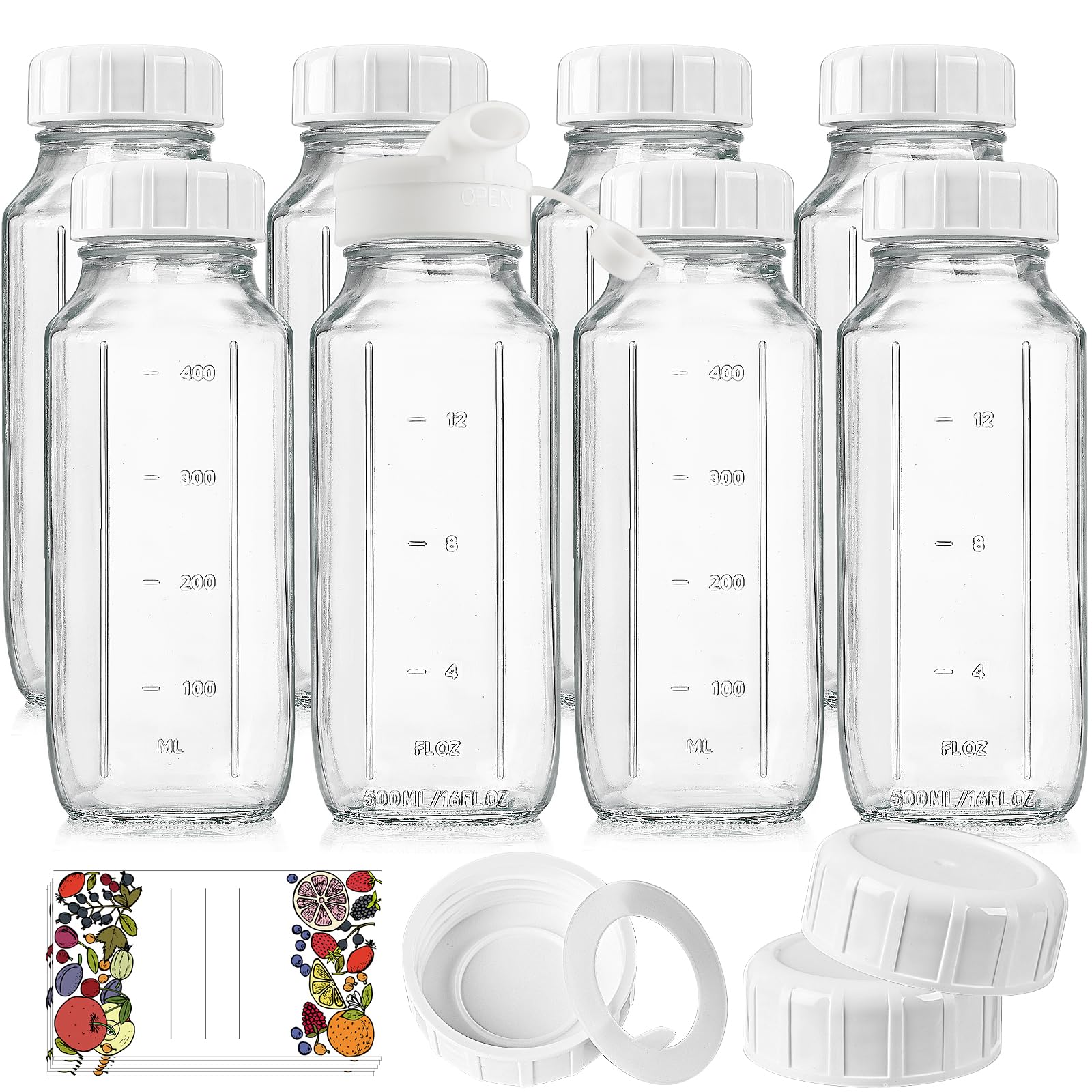 8 Pack 16 Oz Reusable Glass Milk Bottles w 100% Airtight Heavy Duty SCREW Lid w Silicone Gasket - Glass Juice Bottles w Capacity Mark - Glass Beverage Drinking Jar Juice Container(Extra 2 Lid)