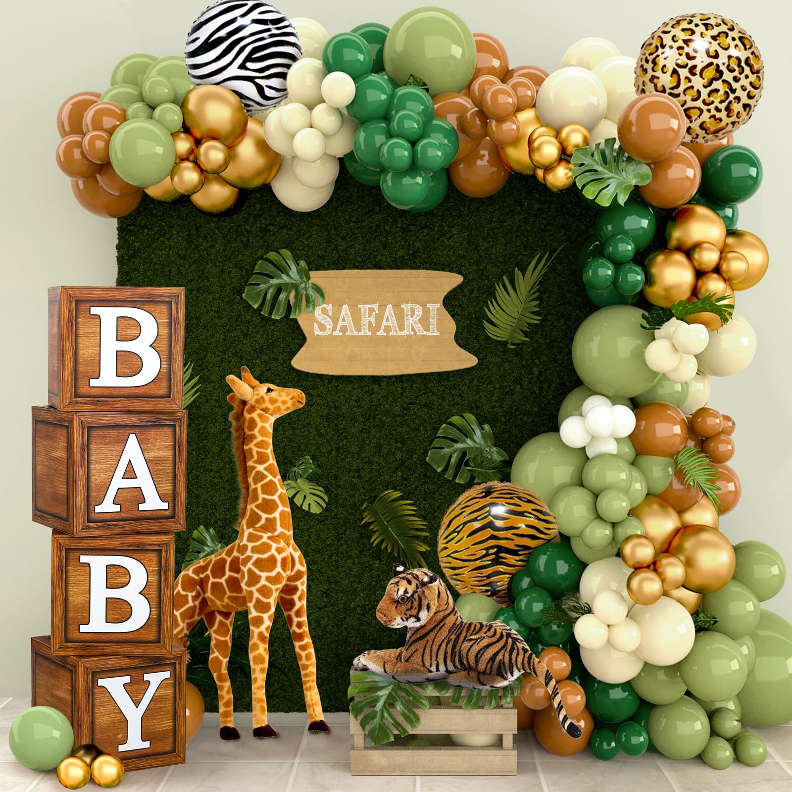 Baby Boxes Safari Baby Shower Decorations for Boy Girl, Safari Balloons Arch Kit with Wood Grain Brown Blocks with BABY Letter for Dinosaur Wild One Birthday Decorations for Boys