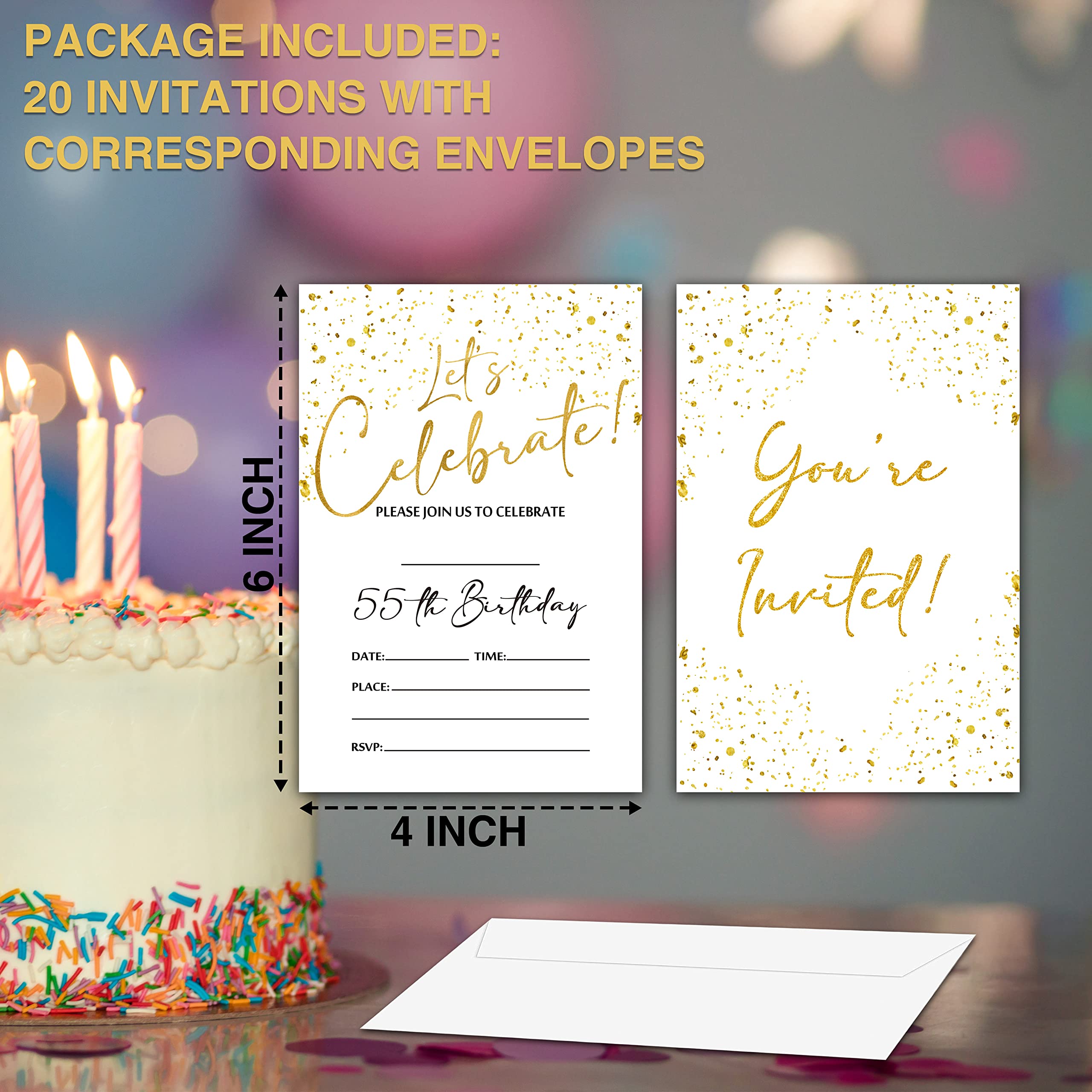 YQV 55th Birthday Invitations Cards, 4"x 6" White and Gold Confetti Birthday Party Invites with Envelopes for Party Decorations Supplies(20 Pieces) -D14