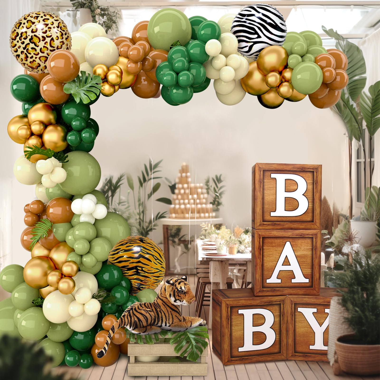 Baby Boxes Safari Baby Shower Decorations for Boy Girl, Safari Balloons Arch Kit with Wood Grain Brown Blocks with BABY Letter for Dinosaur Wild One Birthday Decorations for Boys