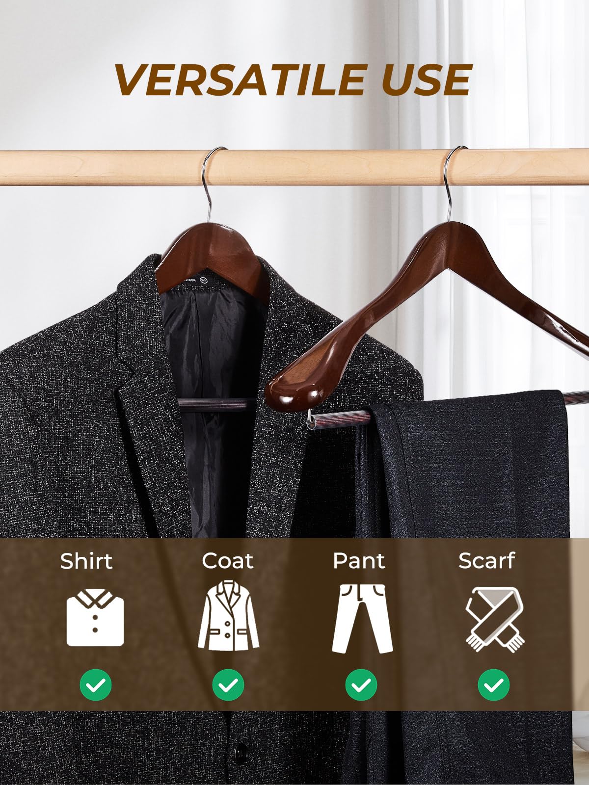 HOUSE DAY Wide Shoulder Wooden Hangers, Wood Suit Hangers with Non Slip Pant Holder, Heavy Duty Coat Hangers for Closet, Wooden Clothes Hangers for Suits, Coats, Jackets, Shirts (6 Pack, Walnut)