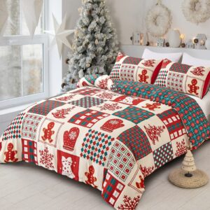 Dobuyly Christmas Duvet Cover Set Twin Cute Christmas Tree Snowflake Bell Pattern Patchwork Bedding Set for Kids Teens Reversible Red Green Plaid Xmas Comforter Cover with 1 Pillowcase