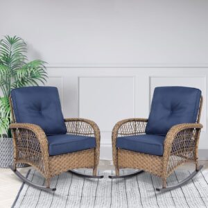 VIVIJASON 2 Piece Patio Wicker Rattan Rocker Chair, Outdoor Rattan Rocker Chair with Cushions & Steel Frame, All-Weather Rocking Lawn Wicker Furniture for Garden Backyard Porch (Navy Blue)